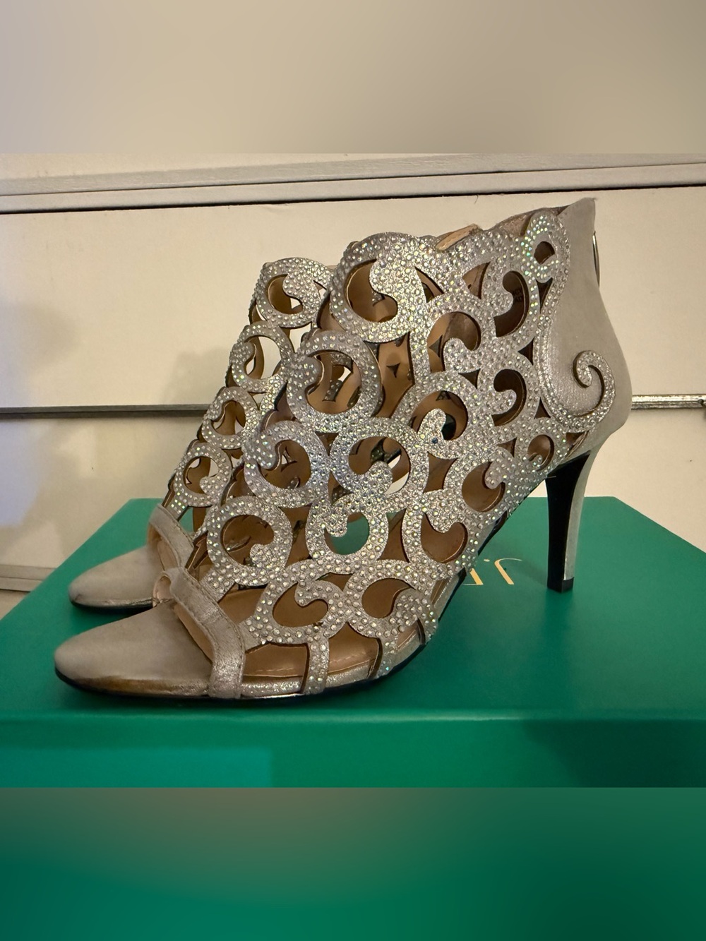 J.Renee Silver Rhinestone Cutout Peep-Toe Heels